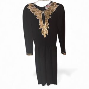 DON SAYERS Black Wool Blend L/S Gold Silver Sequins Leaf Design Elegant Dress 14
